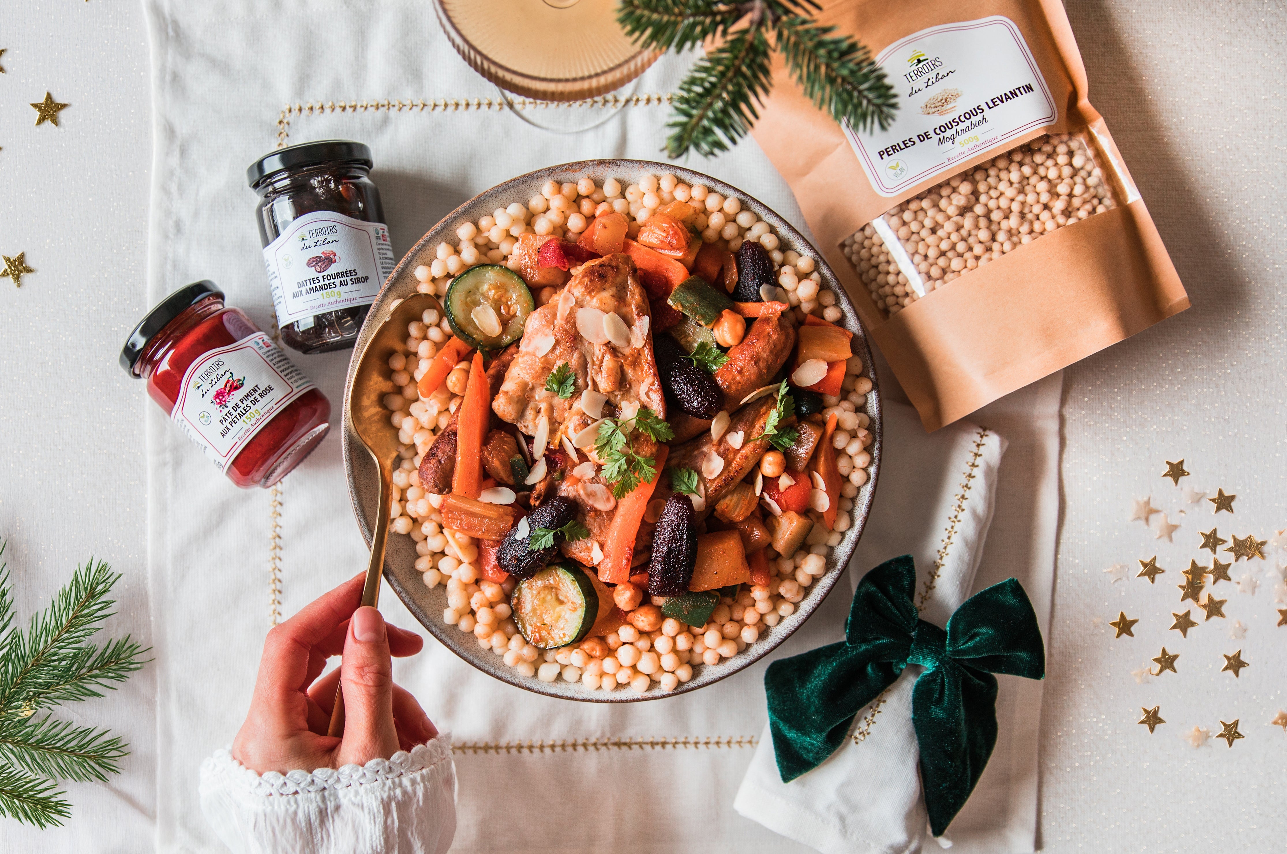 Moghrabieh, Lebanese pearl couscous and Almond-Stuffed Dates