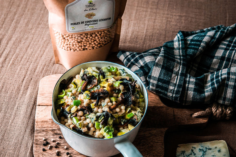 Pearl Couscous Risotto with Leek, Fourme d'Ambert & Chanterelles