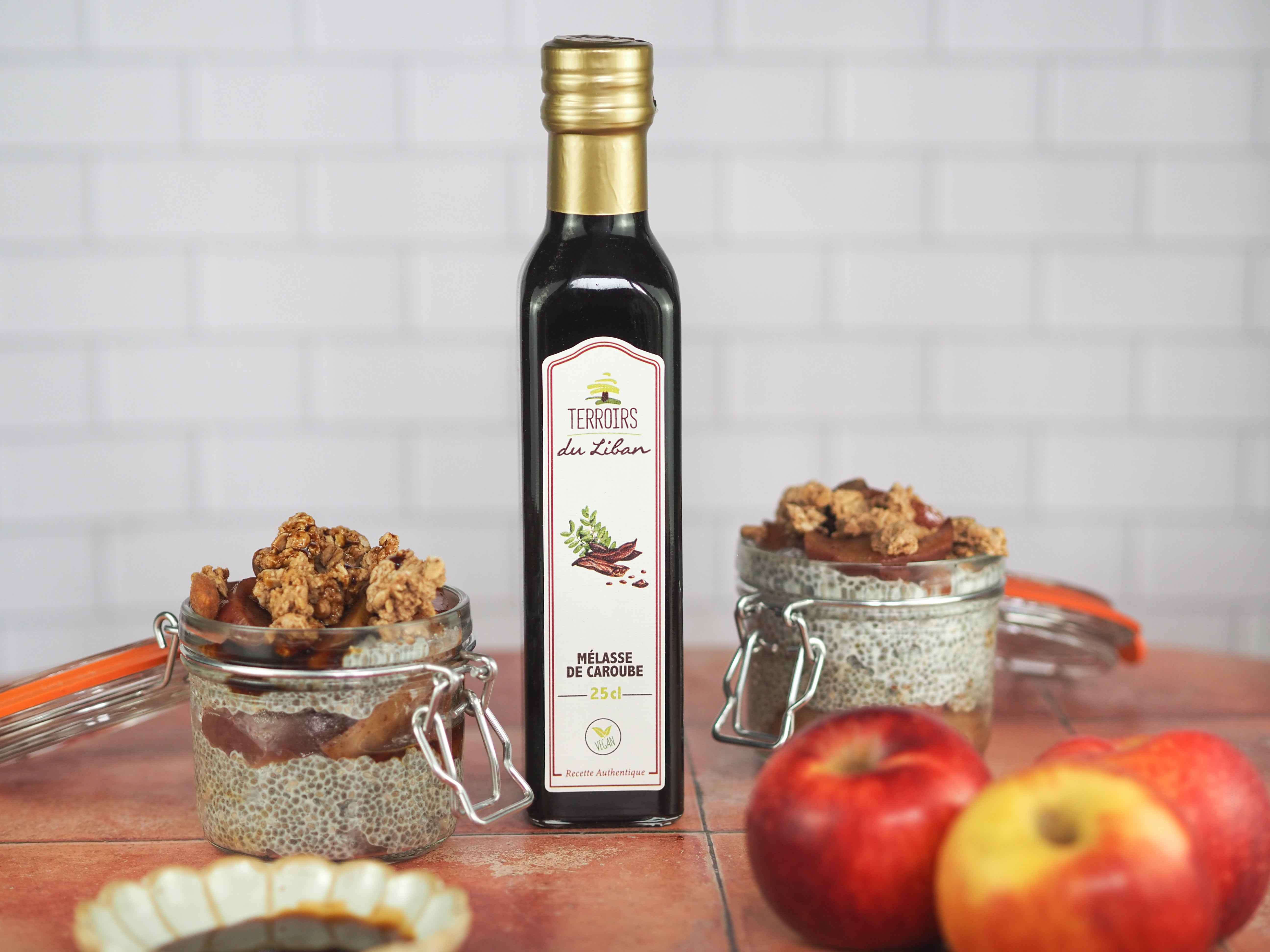 Chia Pudding with Carob Molasses and Apples