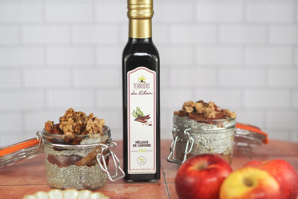 Chia Pudding with Carob Molasses and Apples