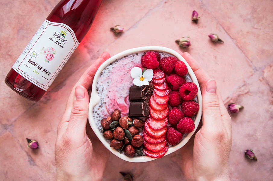 Chia Pudding with Rose Syrup, Red Fruits & Chocolate