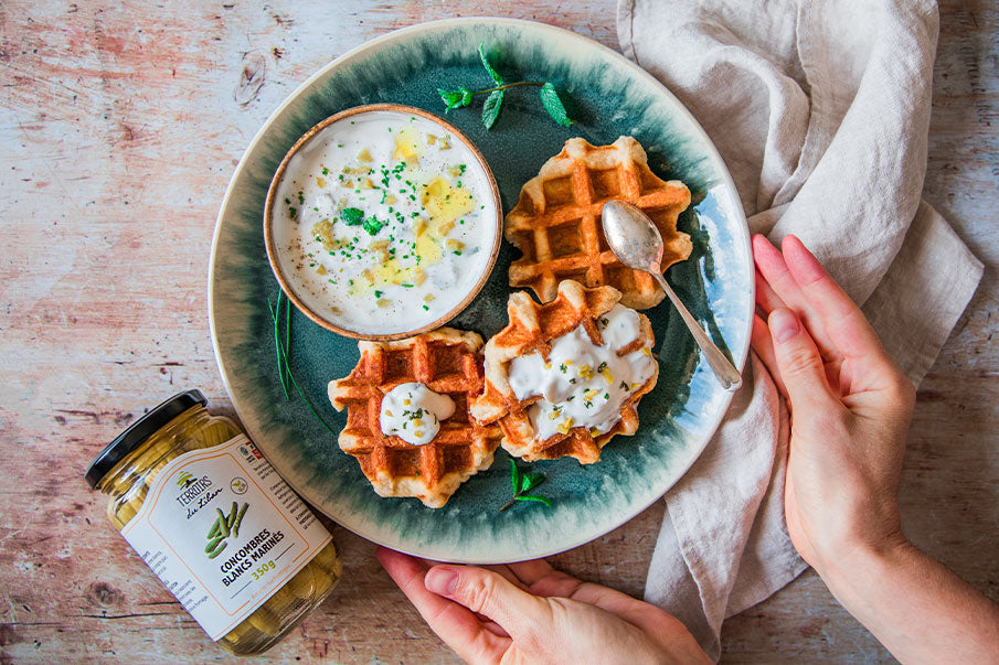 Potato Waffles with Wild Cucumber Pickles Creamy Sauce